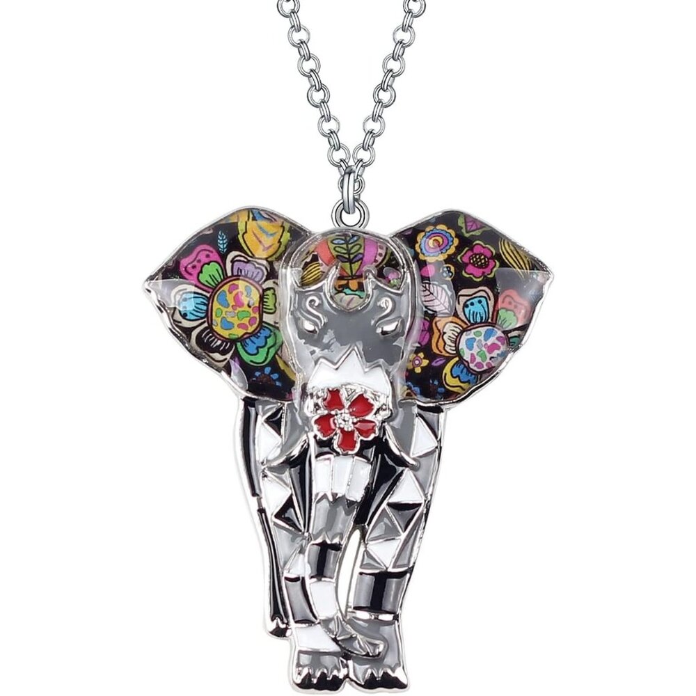 Women's Gray Jungle Safari Wild Enamel Pendant Lightweight Elephant Necklace